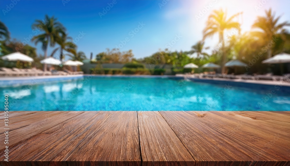 Wooden Table with Bokeh Tropical Hotel Backdrop Empty Desk Setup against a Blurry Sunset Mockup, Showcasing the Allure of a Relaxing Vacation Ambiance Wooden Table with Bokeh Tropical Hotel Backdrop Empty Desk Setup against a Blurry Sunset Mockup, Showcasing the Allure of a Relaxing Vacation Ambiance