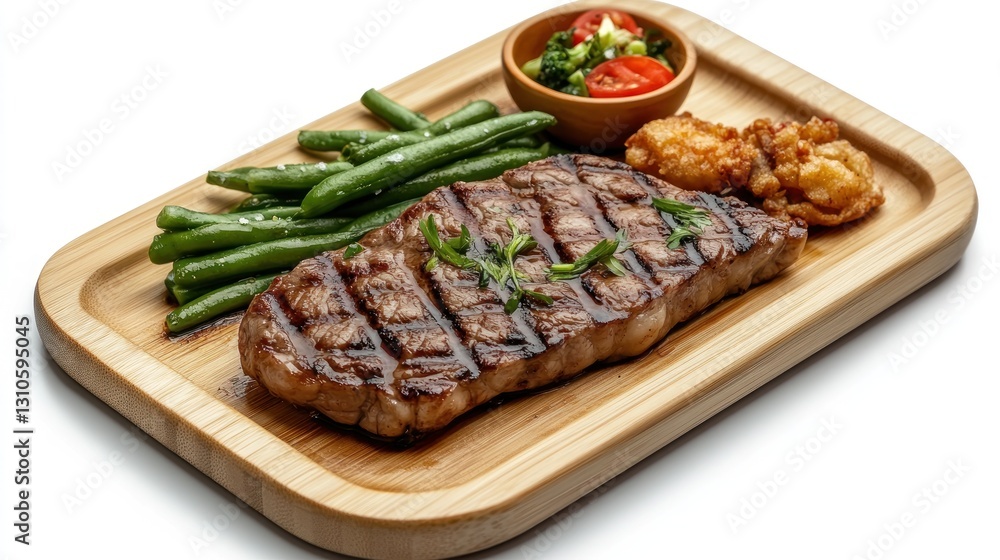 Grilled steak with green beans, salad, and crispy sides Grilled steak with green beans, salad, and crispy sides
