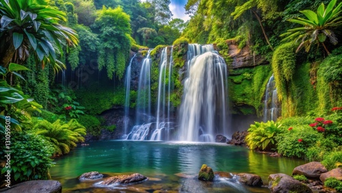 Majestic natural waterfall surrounded by lush greenery, plants, serene atmosphere,  plants, serene atmosphere, landscape