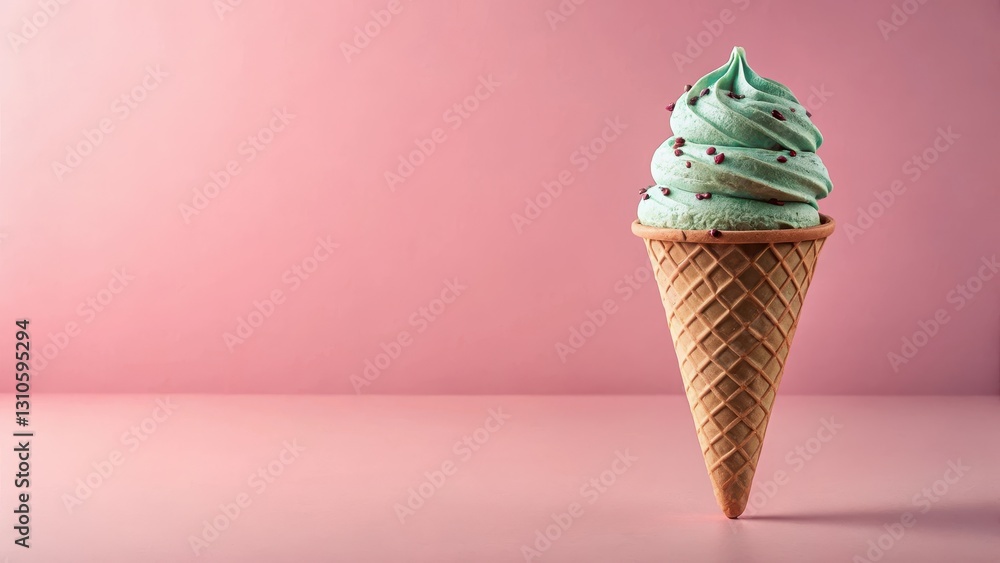 A cold and creamy mint chocolate chip ice cream cone sitting alone in a pink background, surrounded by soft and gentle light , cone, mint chocolate chip ice cream A cold and creamy mint chocolate chip ice cream cone sitting alone in a pink background, surrounded by soft and gentle light , cone, mint chocolate chip ice cream