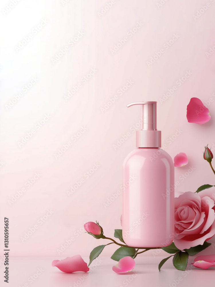 Pink cosmetic pump bottle with roses and petals on pastel background. Mockup template design with empty copy space for text. Pink cosmetic pump bottle with roses and petals on pastel background. Mockup template design with empty copy space for text.