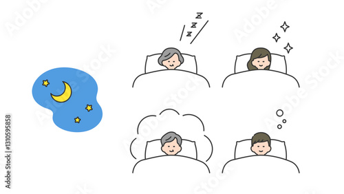 睡眠：ベッドで安眠する老若男女　セット、バリエーション