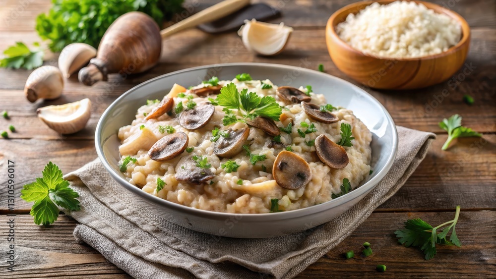 Creamy mushroom risotto topped with parsley and Parmesan cheese, pasta, comfort food, pasta Creamy mushroom risotto topped with parsley and Parmesan cheese, pasta, comfort food, pasta