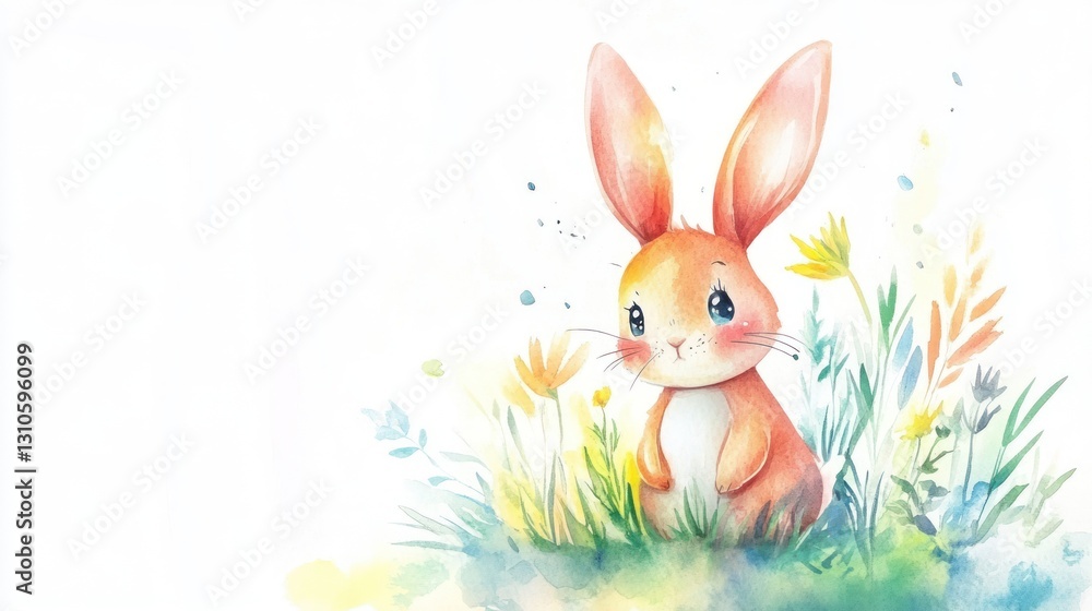Obraz premium A watercolor painting depicts a cute bunny in tall grass