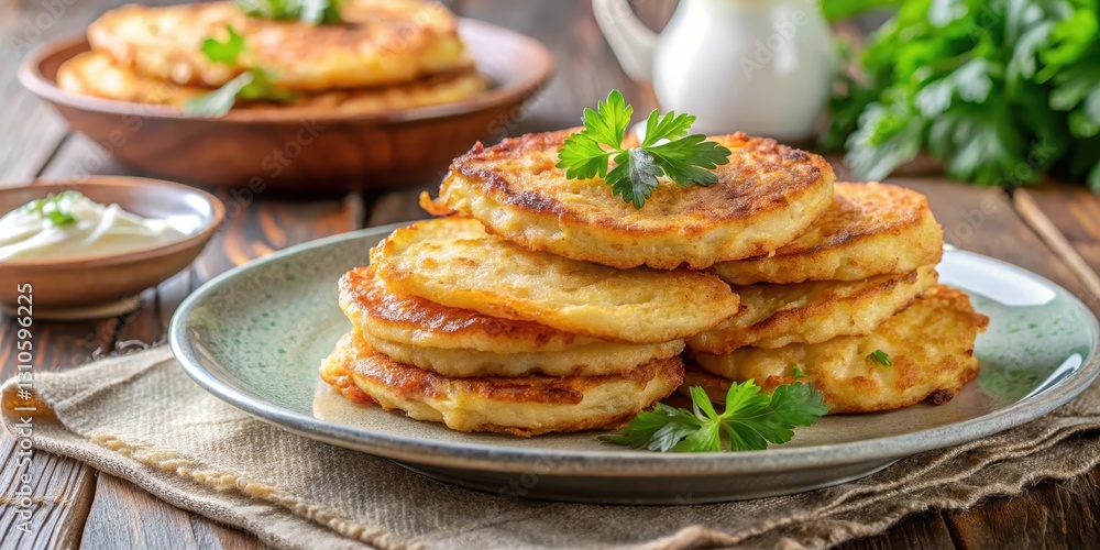 Polish Potato Pancakes on Plate, Eastern European cuisine , fluffy interior Polish Potato Pancakes on Plate, Eastern European cuisine , fluffy interior
