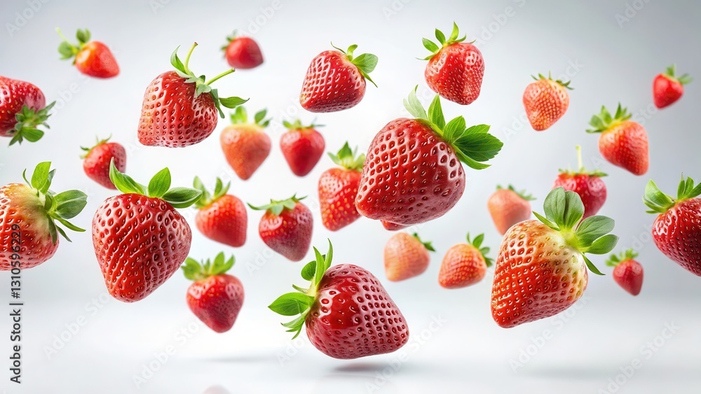 Fresh strawberry fruits are flying in the air isolated on a white background with a subtle texture Fresh strawberry fruits are flying in the air isolated on a white background with a subtle texture