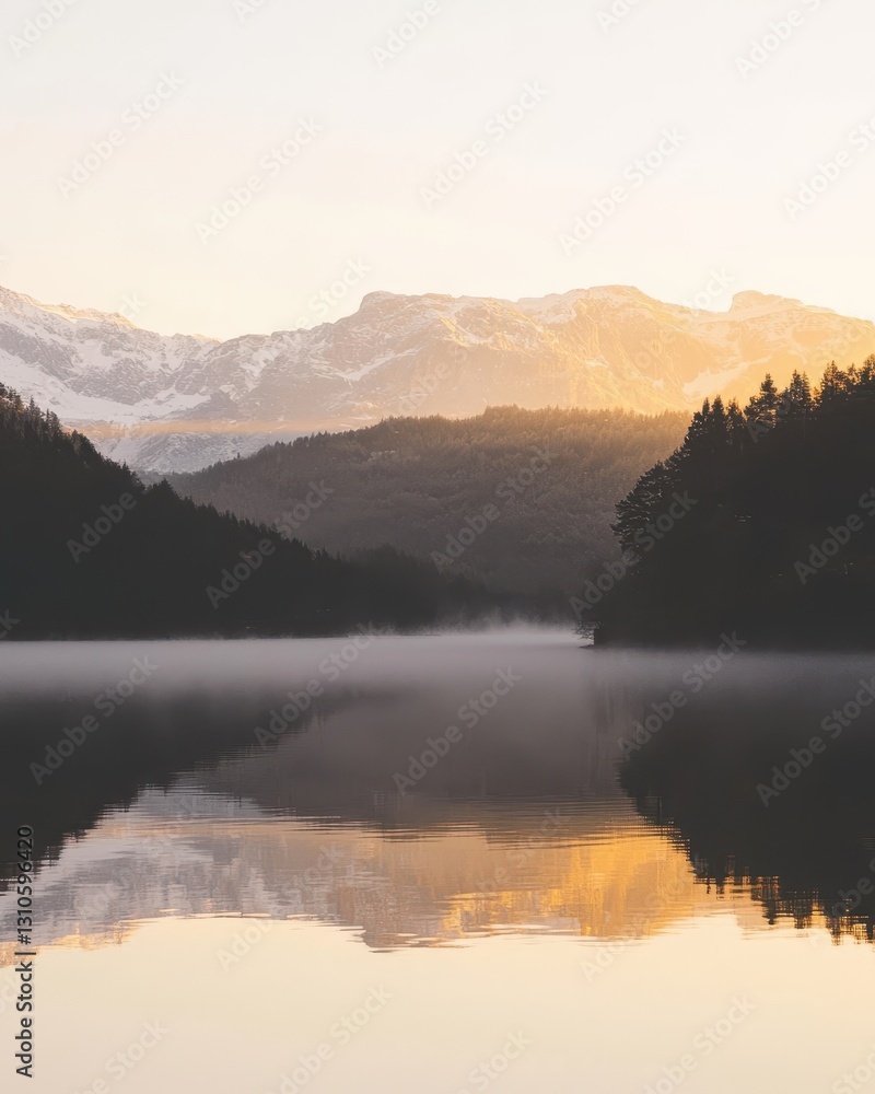 Obraz premium Serene Mountain Reflection in Calm Lake at Dawn with Soft Mist
