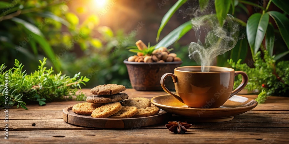 Warm lighting on a wooden table with steaming coffee and a plate of assorted cookies in a rustic ceramic cup, surrounded by lush greenery , wooden table, cookies Warm lighting on a wooden table with steaming coffee and a plate of assorted cookies in a rustic ceramic cup, surrounded by lush greenery , wooden table, cookies