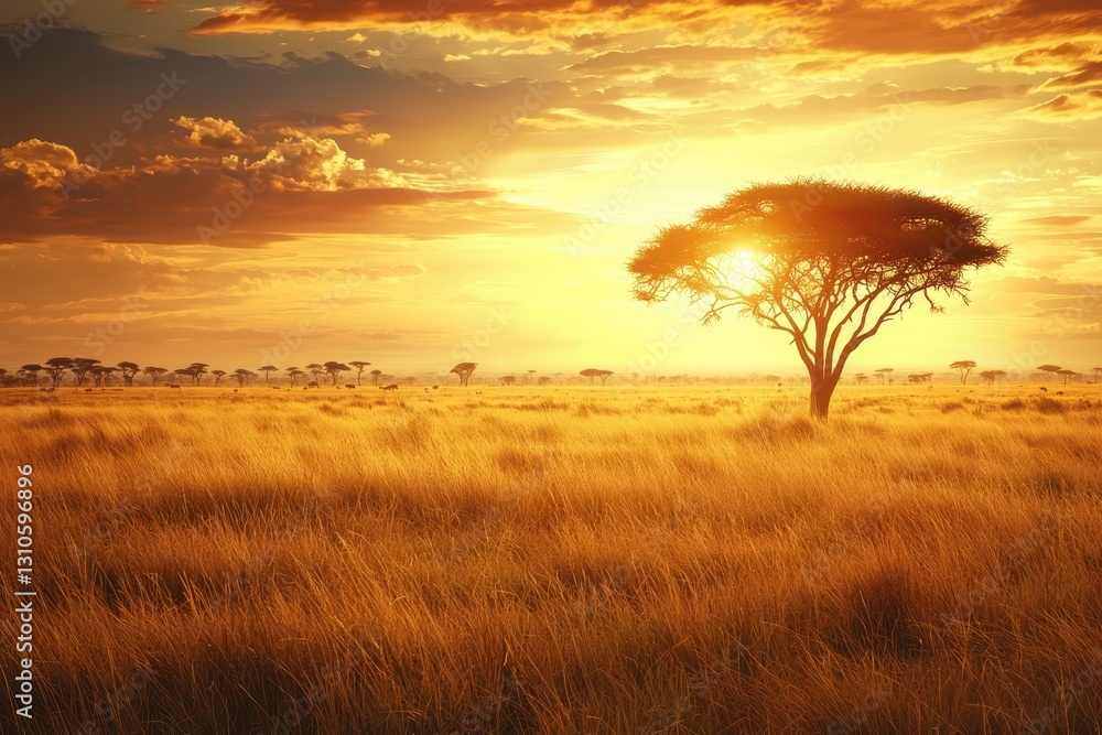 Fototapeta premium Majestic Sunset Over Golden Grassy Plain with Lone Tree Silhouette
