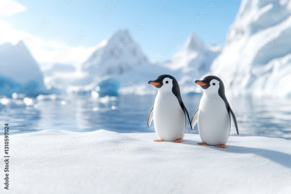 Fototapeta premium Two adorable penguins standing on a snowy landscape near icy mountains