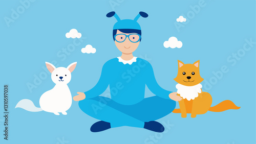 Silly Pets A person sitting on the floor surrounded by pets in funny costumes like a cat in a tutu and a dog with glasses showcasing how humor from pets can uplift spirits.