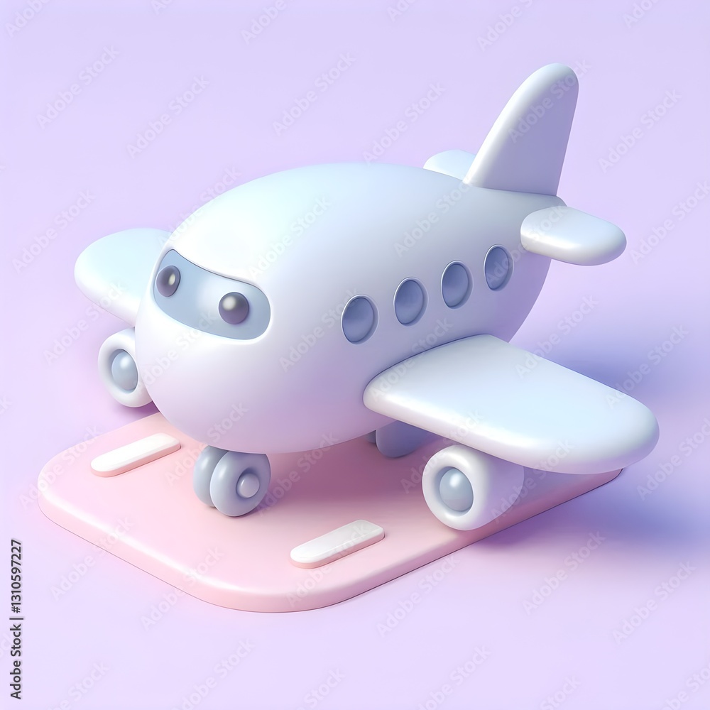 Naklejka premium Charming cartoon 3D airplane with smooth glossy finish on soft pastel lavender background