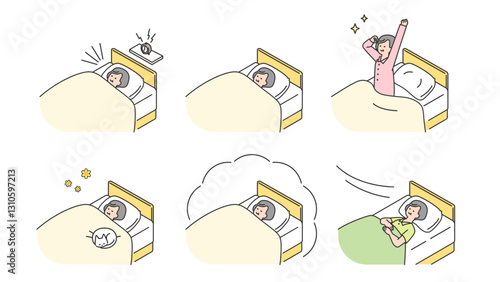 睡眠：ベッドで安眠するシニア女性　セット、バリエーション