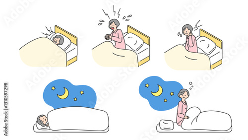 睡眠：ベッドで安眠できないシニア女性　セット、バリエーション