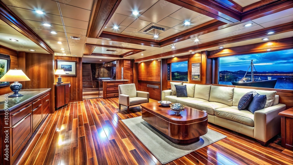 Fototapeta premium Luxurious Yacht Interior: Polished Teak Wood Walls & Floors - Sophisticated Seafaring Design