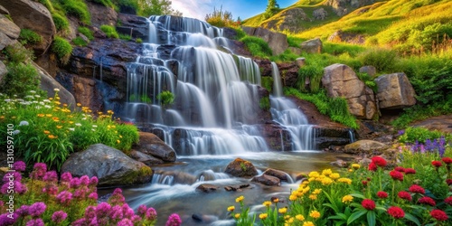 A serene waterfall cascading down a rocky slope amidst a vibrant tapestry of greenery and colorful wildflowers, creating a soothing oasis in the heart of nature , flowers, natural beauty