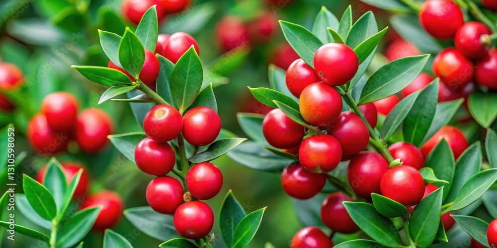 Close-up of Ruscus aculeatus sprouts with vibrant red berries, showcasing their unique texture and coloration amidst lush green foliage , rustic plants, wild plants Close-up of Ruscus aculeatus sprouts with vibrant red berries, showcasing their unique texture and coloration amidst lush green foliage , rustic plants, wild plants