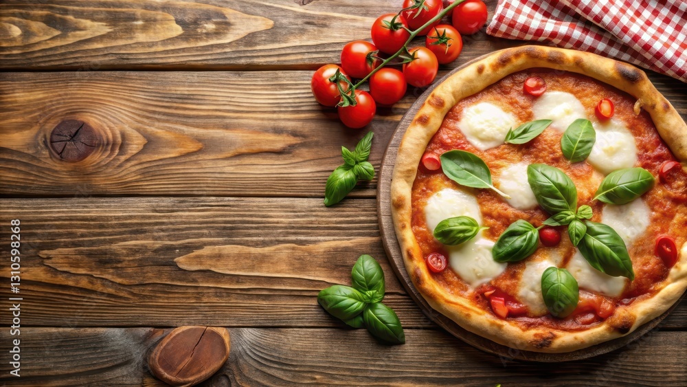 Traditional Italian rustic background with a classic pizza margherita on a wooden table, rustic background Traditional Italian rustic background with a classic pizza margherita on a wooden table, rustic background