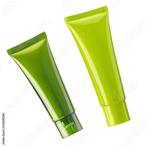 Green plastic cosmetic tubes with sleek designs, ideal for beauty products The tubes are isolated on white background