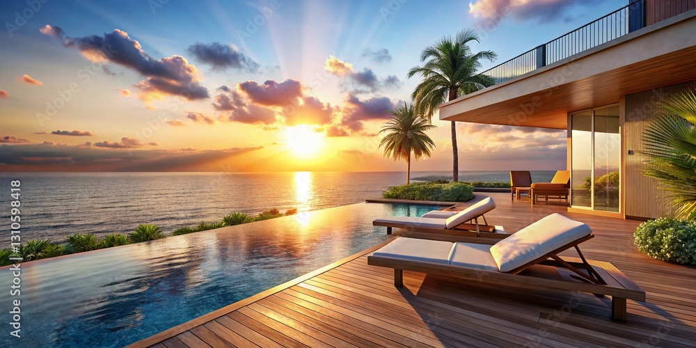 Fototapeta premium Luxury Villa Sunbathing Deck: Private Pool, Panoramic Ocean View & Beach Lounge