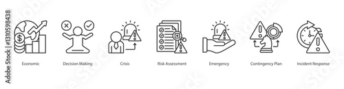 Crisis Management Icon Sheet line style economic, decision making, crisis, risk assessment, emergency, contingency plan, incident response
