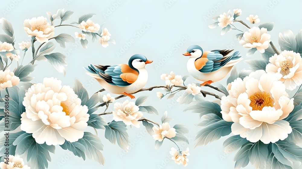 Obraz premium Two birds perching in flower and bird illustration