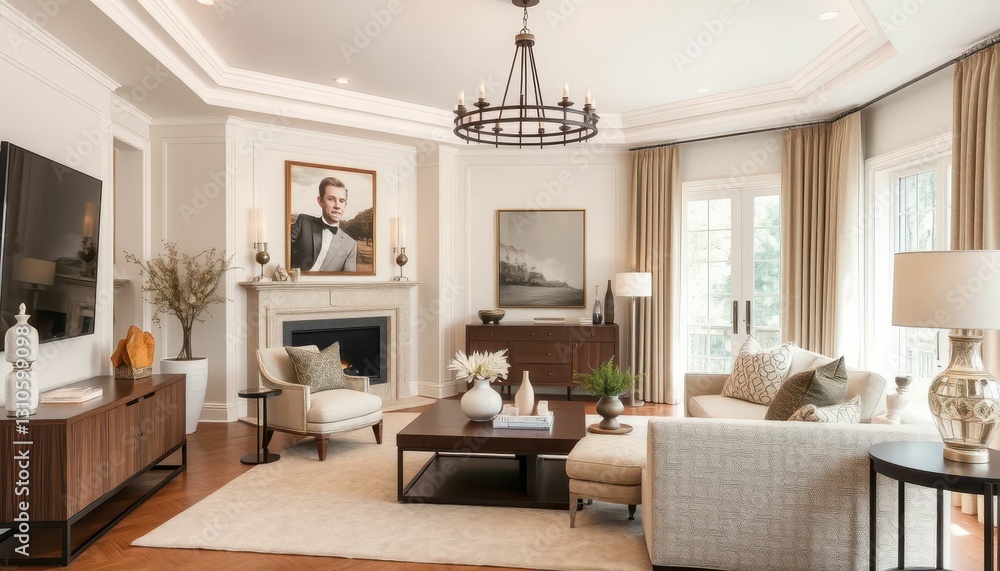 Fototapeta premium Elegant Living Room with Modern Decor and Large Windows