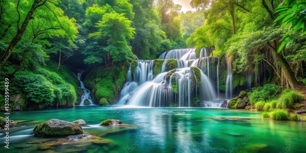 Emerald cascade of crystal clear water cascading down a lush green forest, surrounded by dense foliage and vibrant flora, creating a serene natural atmosphere, nature, tranquility Emerald cascade of crystal clear water cascading down a lush green forest, surrounded by dense foliage and vibrant flora, creating a serene natural atmosphere, nature, tranquility
