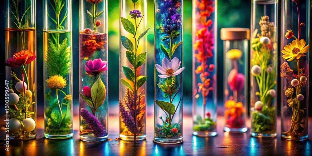 Fototapeta premium Macro Botanical Illustrations: Test Tube Flowers & Plants for Nature Journal