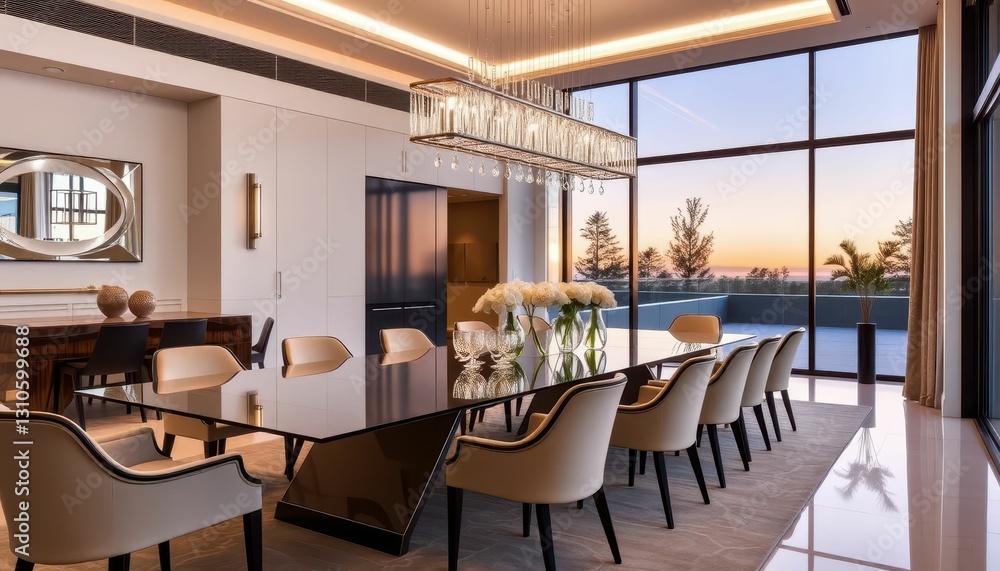 Elegant Modern Dining Room with Large Table and Sunset View Elegant Modern Dining Room with Large Table and Sunset View