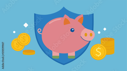 Piggy Bank with a Shield A e piggy bank wearing a shield to symbolize protection against unexpected expenses with coins falling around it.