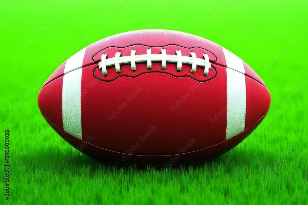 Red Football on Green Grass - American Football, Sport Equipment Red Football on Green Grass - American Football, Sport Equipment