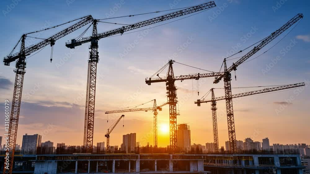 Construction Cranes and Sunrise: An urban cityscape comes to life as several imposing construction cranes stand silhouetted against a breathtaking sunrise. Construction Cranes and Sunrise: An urban cityscape comes to life as several imposing construction cranes stand silhouetted against a breathtaking sunrise.