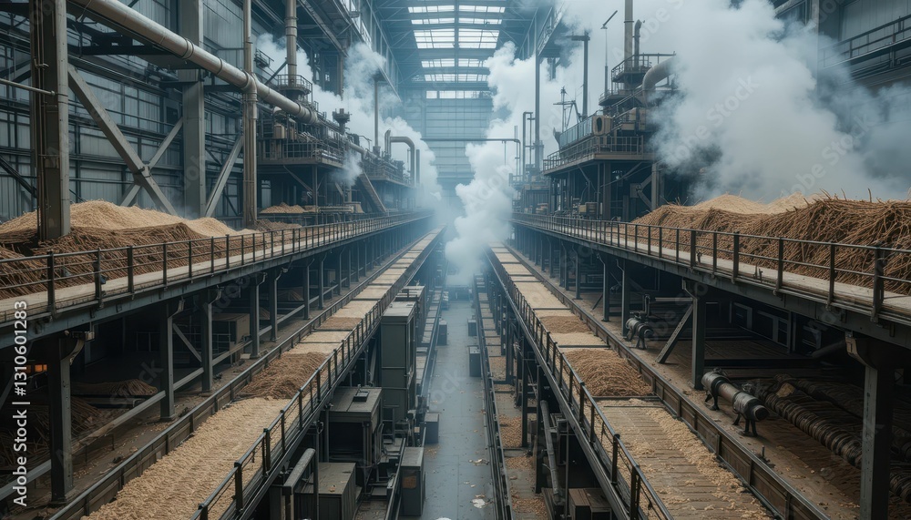Industrial Warehouse Interior with Machinery and Smoke Effects Industrial Warehouse Interior with Machinery and Smoke Effects