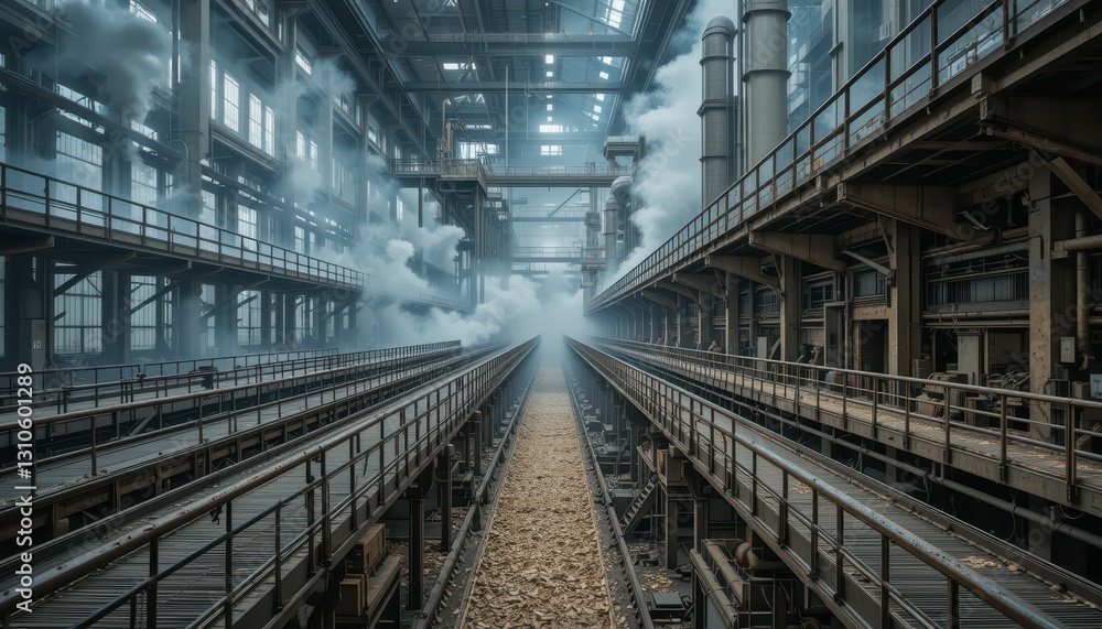 Industrial Hallway with Smoke and Machinery in Abandoned Factory Industrial Hallway with Smoke and Machinery in Abandoned Factory