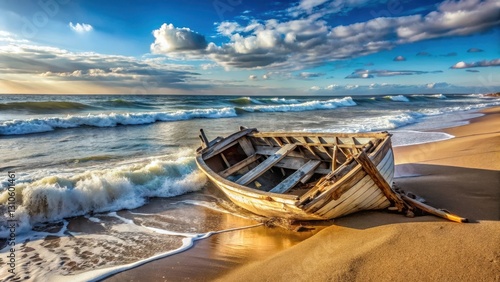 A wrecked boat partially buried in sandy beach with waves crashing in background, sea, beachcombing,  sea, beachcombing photo