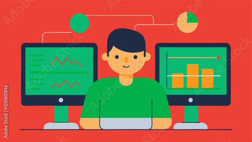 Investor Dashboard A person at a computer with a busy dashboard displaying multiple fluctuating line graphs showing a mix of green and red lines with an expression of