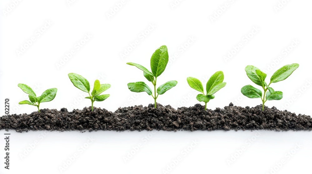 A row of young seedlings growing in soil indicating financial growth isolated on a white background for visual concepts A row of young seedlings growing in soil indicating financial growth isolated on a white background for visual concepts
