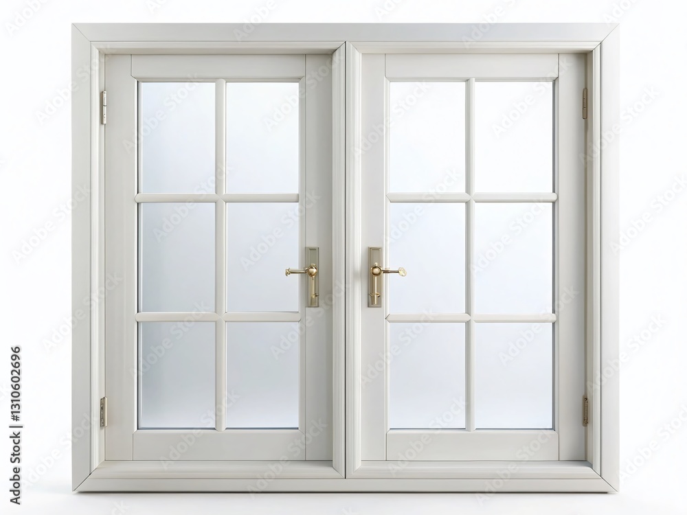 Macro Close-up of White Plastic Double Door Window, Isolated on White Background - 3D Render Macro Close-up of White Plastic Double Door Window, Isolated on White Background - 3D Render