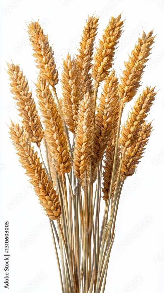 Bunch of golden wheat ears symbolizing abundance and harvest isolated on a white background for natural appeal