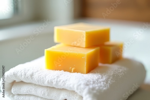 Soft Orange Soap Bars Resting on White Towel