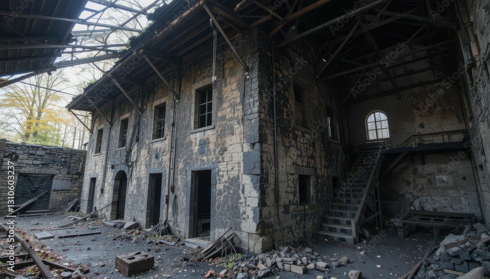 Fototapeta premium Abandoned Industrial Building with Broken Windows and Ruined Walls