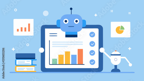 Monthly Report Summary A report summary with key performance indicators displayed on a tablet while a robot emphasizes the areas of growth and recommendations for the user.