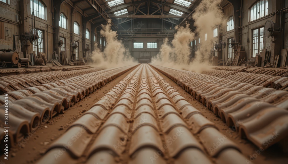 Fototapeta premium Dusty Warehouse with Clay Tiles and Industrial Equipment Inside