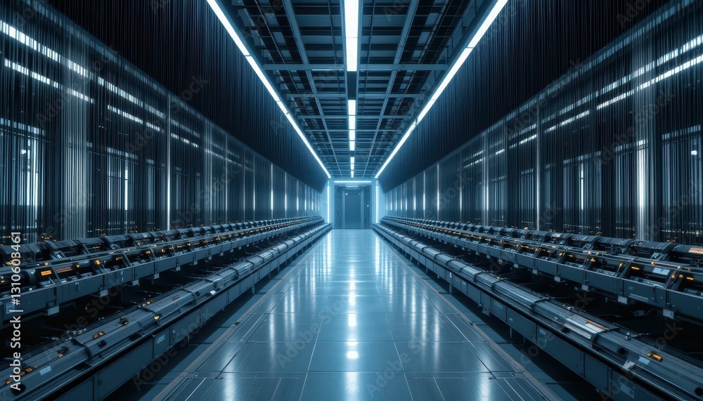 Obraz premium Futuristic Data Center with Illuminated Aisles and Server Racks
