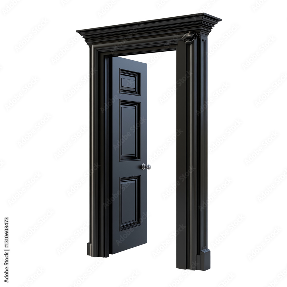 Open black door with frame, isolated on transparent background, representing a home or room entrance, a welcoming architecture design element. Open black door with frame, isolated on transparent background, representing a home or room entrance, a welcoming architecture design element.