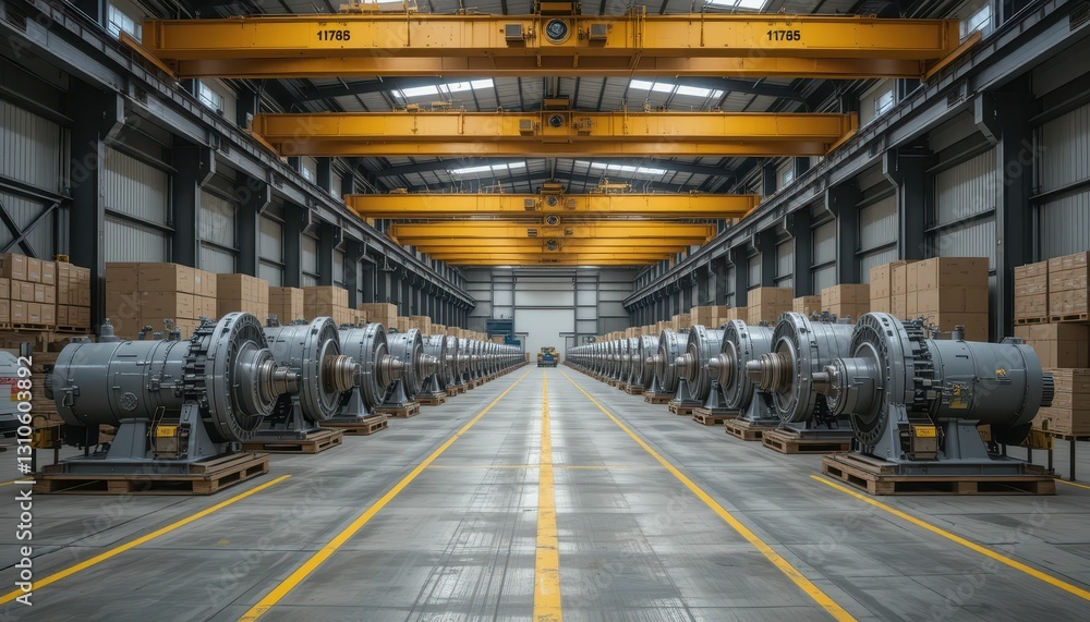 Industrial Warehouse with Large Turbines and Yellow Crane Beams Industrial Warehouse with Large Turbines and Yellow Crane Beams
