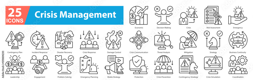 Crisis Management icon sheet line style economic, decision making, crisis, risk assessment, emergency, contingency plan, incident response, disaster recovery, crisis response, damage control Crisis Management icon sheet line style economic, decision making, crisis, risk assessment, emergency, contingency plan, incident response, disaster recovery, crisis response, damage control
