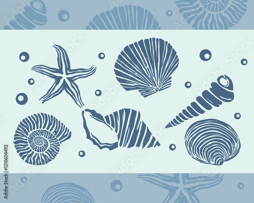 Marine life illustration pattern element mollusk, shell, scallop, starfish, deep sea background layout silhouette print art editable