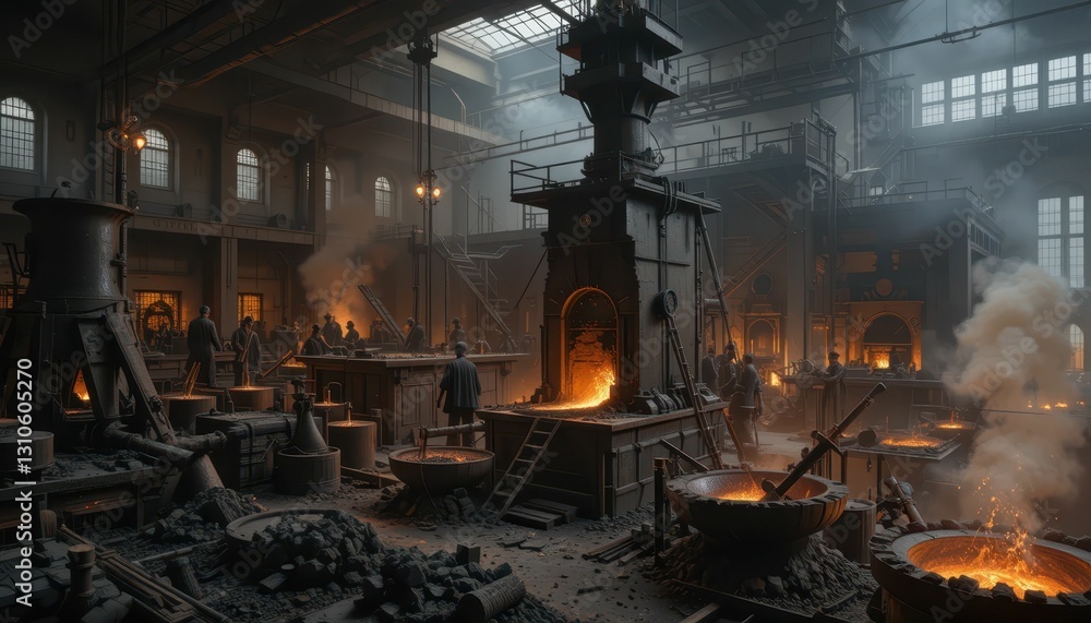 Industrial Foundry Workshop with Workers and Molten Metal Pouring Industrial Foundry Workshop with Workers and Molten Metal Pouring